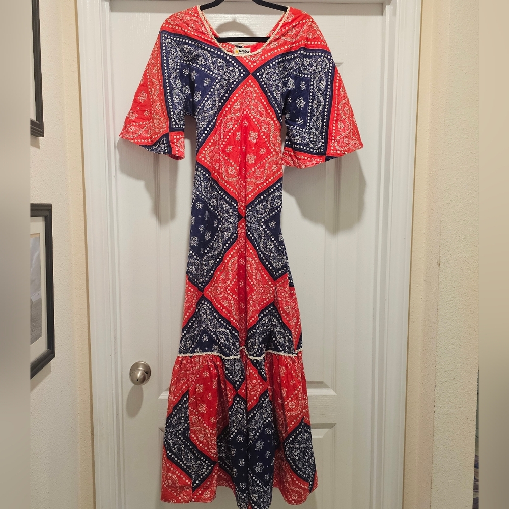 Vintage Cottagecore Americana Bandana Patchwork Dress M Red White Blue 60s/70s